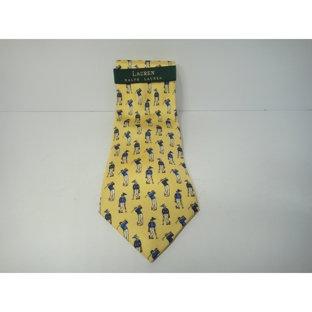 Lauren Ralph Lauren Mens Yellow 100% Silk Golf Novelty Tie Hand Finished NWT NEW